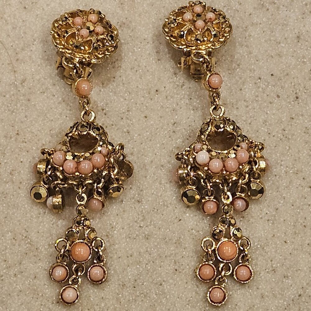 STATEMENT JOSE & MARIA BARRERA CORAL FLOWER CRYSTAL DROP CHANDELIER EARRINGS